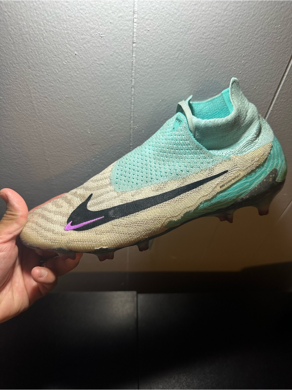 Nike Laceless Soccer Cleat in Mint, Tan, Black and Pink